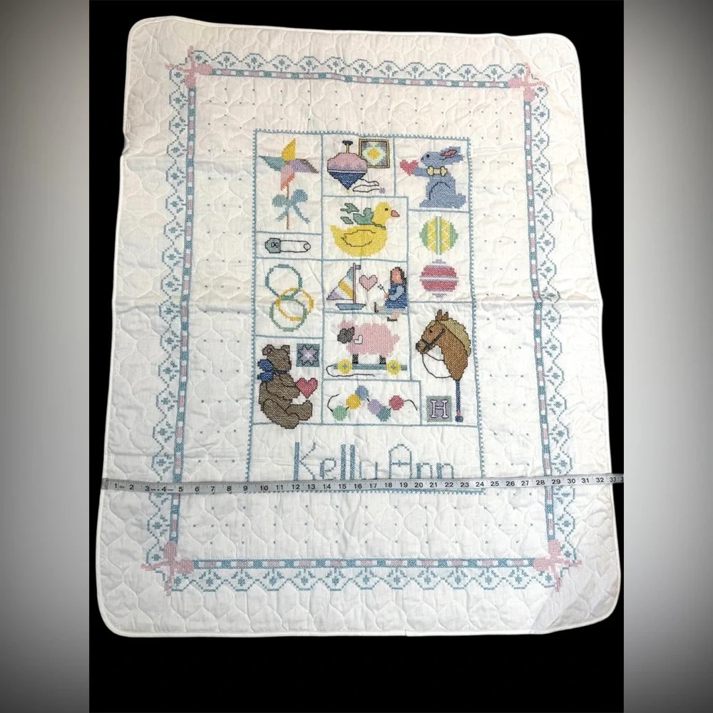 Hand Cross-Stitched Vintage Baby Blanket “Kelly Ann” Nursery Decor